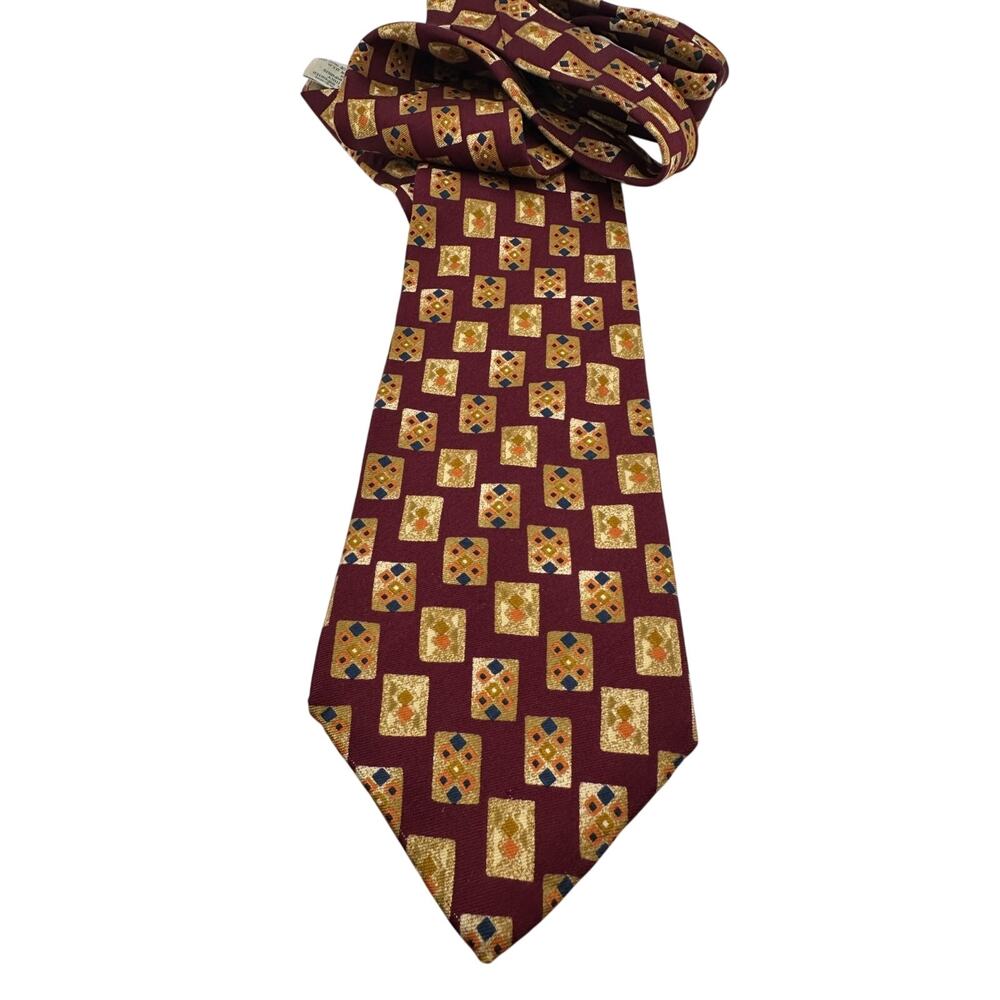NWT Joseph Abboud 100% Silk Burgundy Geometric Tie Made USA Italian Fabric